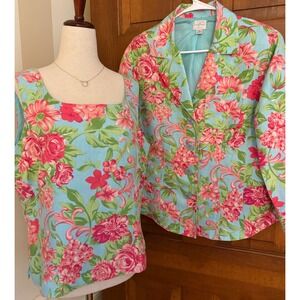 Emma James 2-PC Linen Jacket Set Womens Size 14 Floral Sleeveless Top Resortwear